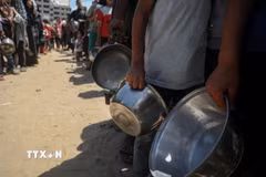 Người dân chờ được phát thực phẩm cứu trợ tại trại tị nạn al-Shati, Gaza. (Ảnh: THX/TTXVN)