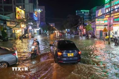 Đường Cách Mạng Tháng Tám ở thành phố Cần Thơ thường xuyên bị ngập mỗi khi triều cường lên cao. (Ảnh: Thanh Liêm/TTXVN)