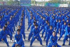 Học sinh tham gia đồng diễn võ nhạc Vovinam. (Ảnh: Thu Hoài/TTXVN)