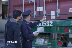 Lực lượng hải quan kiểm tra, giám sát hàng hoá xuất nhập khẩu trên các phương tiện thông quan qua Cửa khẩu Quốc tế Lao Bảo. (Ảnh: Thanh Thủy/TTXVN)