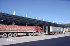Các doanh nghiệp trung chuyển hàng hóa từ Lào về Việt Nam qua cửa khẩu Lao Bảo. (Ảnh: Thanh Thủy/TTXVN)