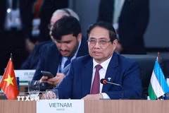 Thủ tướng Phạm Minh Chính phát biểu tại Phiên thảo luận cấp cao "Tăng cường chủ nghĩa đa phương, các vấn đề kinh tế-tài chính và trí tuệ nhân tạo". (Ảnh: Dương Giang/TTXVN)
