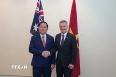 Ông Nguyễn Trọng Nghĩa - Ủy viên Bộ Chính trị, Bí thư Trung ương Đảng, Trưởng ban Tuyên giáo và Dân vận Trung ương - gặp Đồng Bộ trưởng Ngoại giao và Thương mại, Đồng Bộ trưởng Nhập cư Australia Matthew Thistlethwaite. (Ảnh: Thanh Tú/TTXVN)