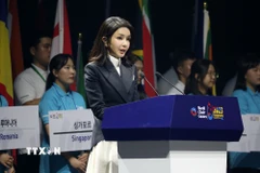 Bà Kim Keon Hee phát biểu tại một sự kiện ở Gangneung, Hàn Quốc, ngày 3/7/2023. (Ảnh: Yonhap/TTXVN)