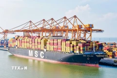 Tàu MSC Kalina là tàu container lớn nhất từng cập khu vực bến cảng Lạch Huyện, thành phố Hải Phòng. (Ảnh: TTXVN phát)