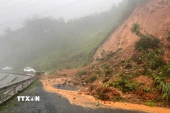 Mưa lớn gây sạt lở tại Km195 trên đường Hồ Chí Minh nhánh tây thuộc địa phận xã Hướng Việt, huyện Hướng Hóa (Quảng Trị). (Ảnh: TTXVN phát)