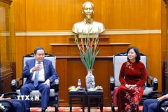 Chủ tịch Quốc hội Trần Thanh Mẫn chúc Tết Ủy ban Trung ương Mặt trận Tổ quốc Việt Nam. (Ảnh: Doãn Tấn/TTXVN)