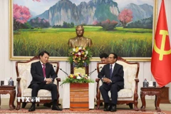 Ủy viên Bộ Chính trị, Thường trực Ban Bí thư, Phó Chủ tịch nước Lào Bounthong Chitmani (phải) tiếp Bộ trưởng Công an Lương Tam Quang. (Ảnh: Xuân Tú/TTXVN)