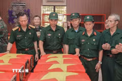 Các cựu chiến binh lặng lẽ tri ân đồng đội tại nhà quàn hài cốt liệt sỹ được tìm thấy ở Công viên Lê Thị Riêng (Thành phố Hồ Chí Minh). (Ảnh: Phan Phương/TTXVN)