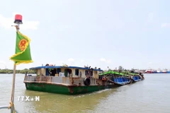 Dẫn giải tàu LA-04509 về cảng của Hải đội ở phường Phước Thắng (Thành phố Hồ Chí Minh) để tiếp tục làm rõ. (Ảnh: TTXVN phát)