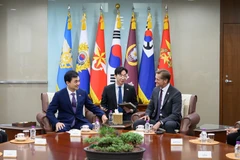Bộ trưởng Quốc phòng Ahn Gyu-back (thứ 2 từ trái sang) trong cuộc gặp với các nghị sỹ Mỹ đang thăm Hàn Quốc. (Ảnh: Yonhap)