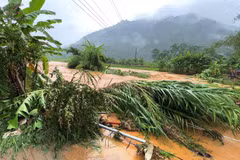 Nước lũ ở xã Xuân Giang (Tuyên Quang) dâng cao, cuốn theo nhiều cây cối và vật dụng. (Ảnh: Minh Tâm/TTXVN)