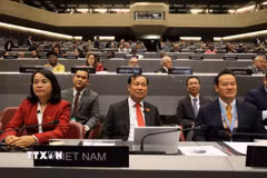 Chủ nhiệm Ủy ban Quốc phòng, An ninh và Đối ngoại, Thượng tướng Lê Tấn Tới cùng đoàn Việt Nam tham dự hội nghị. (Ảnh: Anh Hiển/TTXVN)