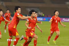 Minh Phúc số 21 ghi bàn ấn định tỷ số 3-2 cho U23 Việt Nam. (Ảnh: Nguồn AFC/TTXVN phát)