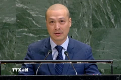 Công sứ Nguyễn Hoàng Nguyên, Đại biện lâm thời Phái đoàn thường trực Việt Nam tại Liên hợp quốc, phát biểu tại phiên thảo họp. (Ảnh: Thanh Tuấn/TTXVN)