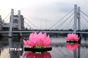 Mỗi đóa hoa sen tượng trưng cho mỗi bước chân đầu tiên của Đức Phật Thích Ca Mâu Ni theo điển tích “7 đóa sen hồng nâng gót tịnh”.(Ảnh: Hồng Hiếu/TTXVN)