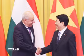Chủ tịch nước Lương Cường và Tổng thống Hungary Sulyok Tamas chụp ảnh chung trước hội đàm. (Ảnh: Lâm Khánh/TTXVN)