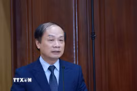 Đồng chí Phạm Tất Thắng, Ủy viên Trung ương Đảng, Bí thư Đảng uỷ cơ quan, Phó trưởng Ban Tuyên giáo và Dân vận Trung ương phát biểu. (Ảnh: Tuấn Anh/TTXVN)