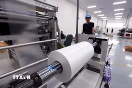 Dây chuyền sản xuất túi nhựa dùng trong lĩnh vực đóng gói hàng hoá ở nhà máy của Công ty TNHH Malpensa Plant Việt Nam (100% vốn Nhật Bản), khu công nghiệp Chân Mây, thành phố Huế. (Ảnh: Vũ Sinh/TTXVN)