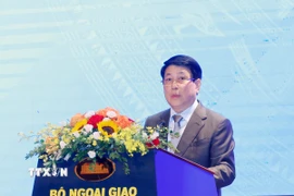 Chủ tịch nước Lương Cường phát biểu tại Hội thảo khoa học quốc tế “50 năm thống nhất đất nước: Vai trò kiến tạo hòa bình của ngoại giao trong lịch sử và hiện tại”. (Ảnh: Lâm Khánh/TTXVN)