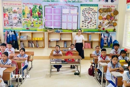 Nhờ đổi mới phương pháp giảng dạy, phân nhóm học sinh, linh hoạt trong từng giờ dạy, cô giáo Phạm Thị Mai Phương đã dần nâng cao chất lượng giáo dục của nhà trường. (Ảnh: TTXVN phát)