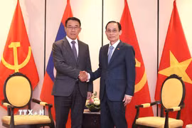 Bộ trưởng Bộ Ngoại giao Lê Hoài Trung tiếp Trưởng ban Đối ngoại Trung ương Đảng Nhân dân Cách mạng Lào Bounleua Phandanouvong. (Ảnh: An Đăng/TTXVN)