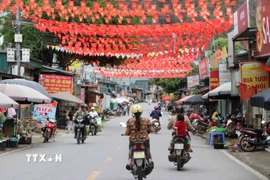Nhiều tuyến đường ở trung tâm xã, các bản tại Pa Tần, cờ Đảng, cờ Tổ quốc đỏ thắm. (Ảnh: Nguyễn Oanh/TTXVN)