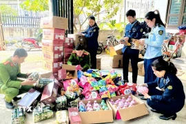 Các lực lượng chức năng kiểm tra nguồn gốc hàng hóa của hộ kinh doanh H.H. (Ảnh: TTXVN phát)