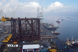 Chân đế khối thượng tầng Giàn công nghệ trung tâm là hạng mục đặc biệt quan trọng trong tổng thể Chuỗi dự án khí-điện Lô B-Ô Môn (Dự án trọng điểm quốc gia có tổng mức đầu tư gần 12 tỷ USD). (Ảnh: Đoàn Mạnh Dương/TTXVN)