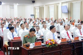 Các đại biểu tiến hành biểu quyết thông qua nghị quyết Đại hội. (Ảnh: Trung Kiên/TTXVN)