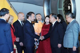 Chủ nhiệm Văn phòng Chủ tịch nước Lê Khánh Hải đón Tổng thống Cộng hòa Pháp Emmanuel Macron và Phu nhân tại Sân bay quốc tế Nội Bài (Ảnh: An Đăng/TTXVN)