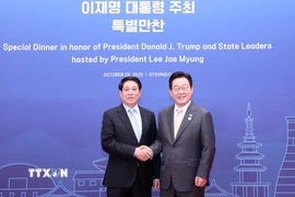 Tổng thống Hàn Quốc Lee Jae Myung đón Chủ tịch nước Lương Cường. (Ảnh: Lâm Khánh/TTXVN)