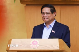 Thủ tướng Phạm Minh Chính chủ trì cuộc họp Chính phủ chuyên đề về việc sắp xếp, tổ chức lại đơn vị hành chính các cấp. (Ảnh: Dương Giang/TTXVN)