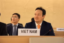 Đại sứ Mai Phan Dũng phát biểu tại Kỳ họp lần thứ 58 Hội đồng Nhân quyền Liên hợp quốc. (Ảnh: Nguyễn Văn Tuấn/TTXVN)