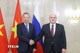 Tổng Bí thư Tô Lâm hội kiến Thủ tướng Liên bang Nga Mikhail Mishustin. (Ảnh: Thống Nhất/TTXVN)