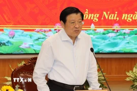 Đồng chí Phan Đình Trạc, Ủy viên Bộ Chính trị, Bí thư Trung ương Đảng, Trưởng Ban Nội chính Trung ương, Trưởng Đoàn công tác 284 của Bộ Chính trị phát biểu tại buổi làm việc. (Ảnh: Sỹ Tuyên/TTXVN)