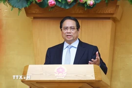 Thủ tướng Phạm Minh Chính chủ trì Phiên họp Chính phủ chuyên đề về xây dựng pháp luật tháng 4. (Ảnh: Dương Giang/TTXVN)