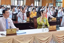 Các đại biểu HĐND tỉnh nhất trí thông qua các Nghị quyết tại Kỳ họp. (Ảnh: Thanh Bình/TTXVN)