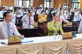 Các đại biểu HĐND tỉnh nhất trí thông qua các Nghị quyết tại Kỳ họp. (Ảnh: Thanh Bình/TTXVN)