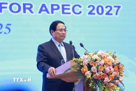 Thủ tướng Phạm Minh Chính phát biểu tại Lễ công bố thành lập Ủy ban Quốc gia Diễn đàn hợp tác châu Á - Thái Bình Dương 2027 (APEC 2027). (Ảnh: Dương Giang/TTXVN)