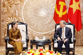 Tổng Bí thư Tô Lâm tiếp bà Men Sam An, Phó Chủ tịch Đảng Nhân dân Campuchia (CPP) sang chúc mừng thành công Đại hội Đảng XIV. (Ảnh: Thống Nhất/TTXVN)