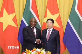 Chủ tịch nước Lương Cường và Tổng thống Nam Phi Matamela Cyril Ramaphosa chụp ảnh chung trước hội đàm. (Ảnh: Lâm Khánh/TTXVN)