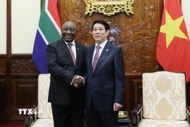 Chủ tịch nước Lương Cường và Tổng thống Nam Phi Matamela Cyril Ramaphosa gặp hẹp. (Ảnh: Lâm Khánh/TTXVN)
