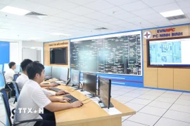 Các cán bộ, kỹ sư tại Phòng Điều độ Công ty Điện lực Ninh Bình trực 24/24 đảm bảo lưới điện vận hành ổn định, thông suốt. (Ảnh: Đức Phương/TTXVN)