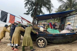 Người dân phường Sầm Sơn, Thanh Hóa đưa tàu thuyền lên bờ tránh bão. (Ảnh: TTXVN phát)