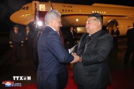Thư ký Hội đồng An ninh Liên bang Nga Sergei Shoigu (trái) hội kiến Nhà lãnh đạo Triều Tiên Kim Jong-un tại Bình Nhưỡng, ngày 13/9/2024. (Ảnh: KCNA/TTXVN)