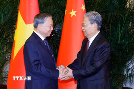 Tổng Bí thư, Chủ tịch nước Tô Lâm hội kiến Ủy viên trưởng Nhân đại toàn quốc Trung Quốc Triệu Lạc Tế. (Ảnh: Thống Nhất/TTXVN)
