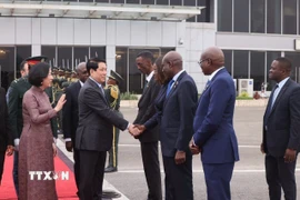 Các quan chức Angola tiễn Chủ tịch nước Lương Cường và Phu nhân tại Sân bay quốc Quatro de Fevereiro Luanda. (Ảnh: Lâm Khánh/TTXVN)