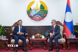 Bộ trưởng Ngoại giao Lào Thongsavanh Phomvihane (phải) tiếp Đại sứ Việt Nam tại Lào Nguyễn Minh Tâm đến chúc mừng. (Ảnh: Xuân Tú/TTXVN)