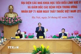 Thủ tướng Chính phủ Phạm Minh Chính gặp mặt đại diện các chuyên gia, nhà khoa học tiêu biểu trong lĩnh vực y tế. (Ảnh: Dương Giang/TTXVN)